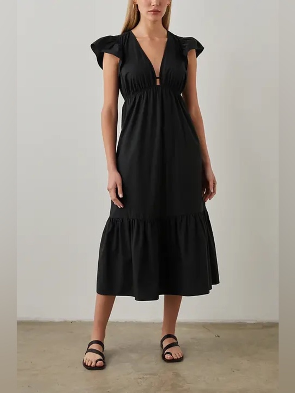 Rails Tina Midi Dress Large black cotton poplin short flutter sleeve cutout